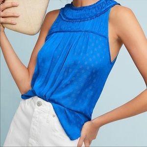 MAEVE by Anthropologie Blue Clovis Pleated Dotted Sleeveless Blouse